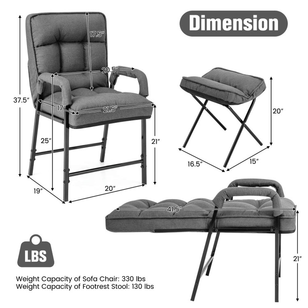 Finihen Sofa Chair, Lounge Armchair Recliner, Linen Fabric Modern Accent Chair with Ottoman and Adjustable Backrest, for Living Room, Bedroom, Dorm, Gray