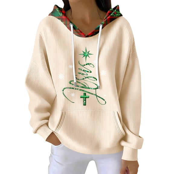 Women's Fashion Casual Christmas Print Pullover Long-Sleeve Sweatshirt with JESUS Design for Holiday Season and Comfortable Wear,Khaki,M