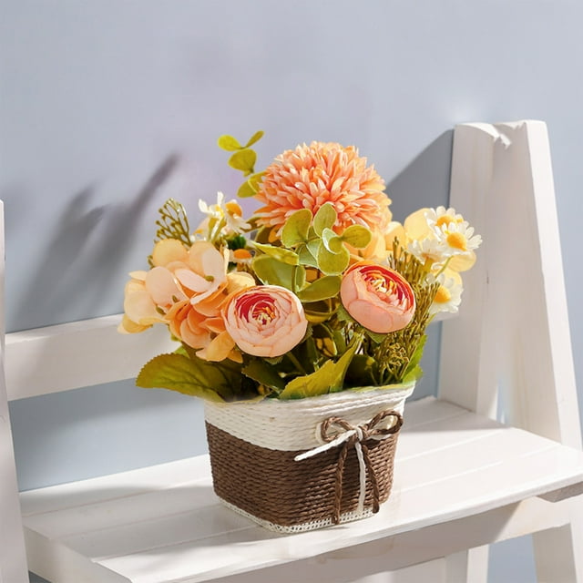 Arreglo Floral Artificial, Centro De Mesa Rústico En Maceta, Decoración Campestre, Cesta Tejida a Mano, Plantas Permanentes Para Mesa, Escritorio Del Hogar Y La Oficina