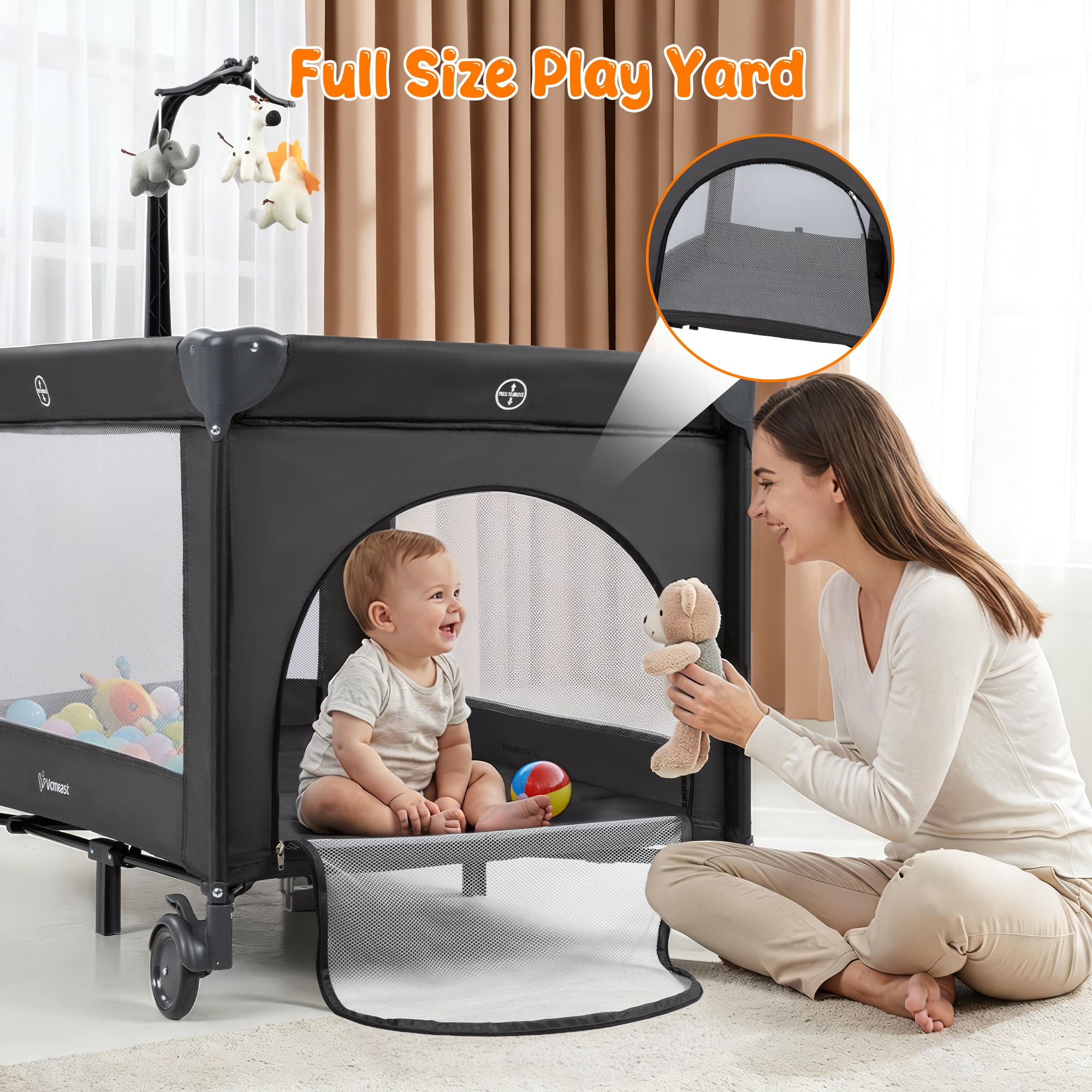 Vomeast Baby Playard,Portable Baby Bassinet Pack and Play with Mattress and Toy Bar,Foldable Bassinet Crib,0-5 Months,Black