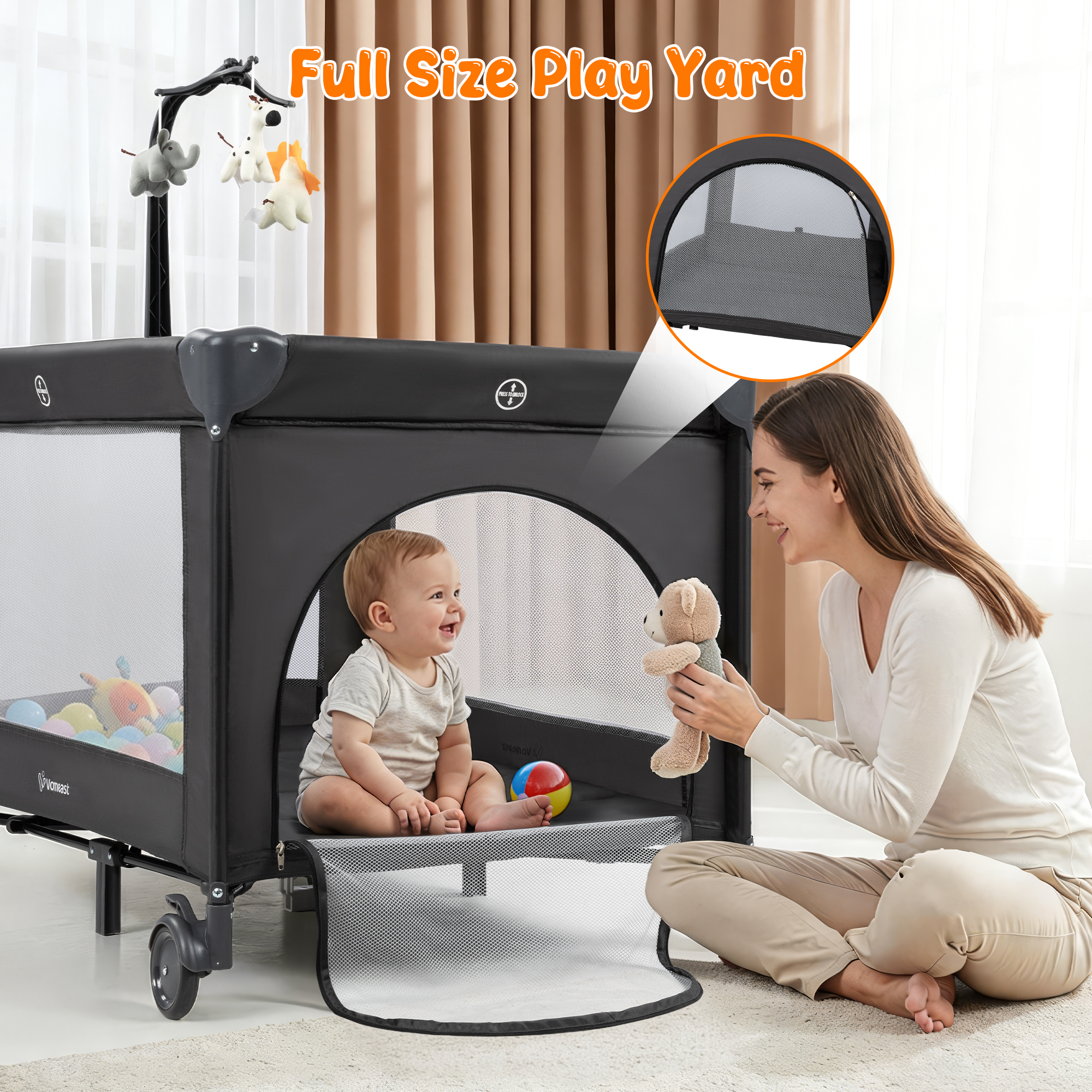 Vomeast Baby Playard with Bassinet and Toy Bar, Black photo 5