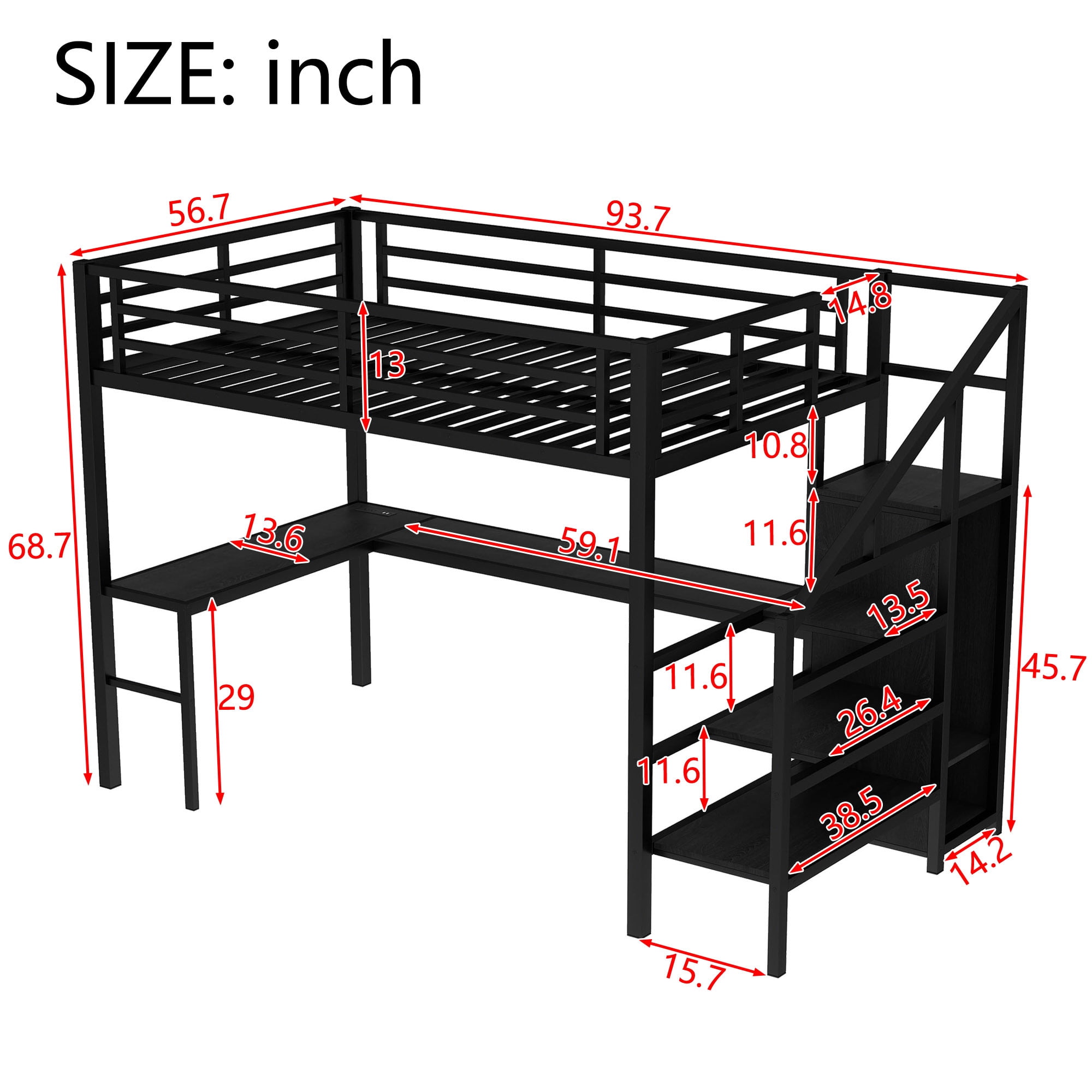 Full Size Loft Bed with L-shaped Desk and USB,Heavy Duty Metal Loft Bed with Wardrobe and Adjustable Shelf,High Loft Bed with LED for Kids Teens Adults, Black