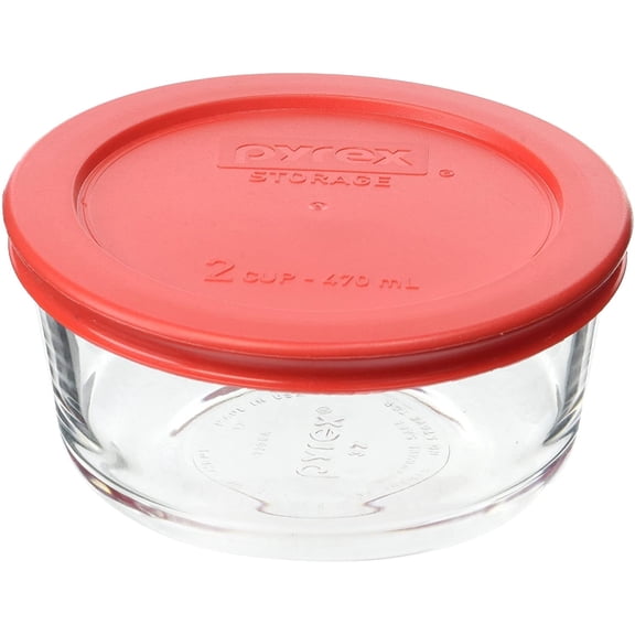 Pyrex Simply Store 7200 Glass 2-Cup Food Storage Bowl and 7200-PC Red Plastic Lid Cover
