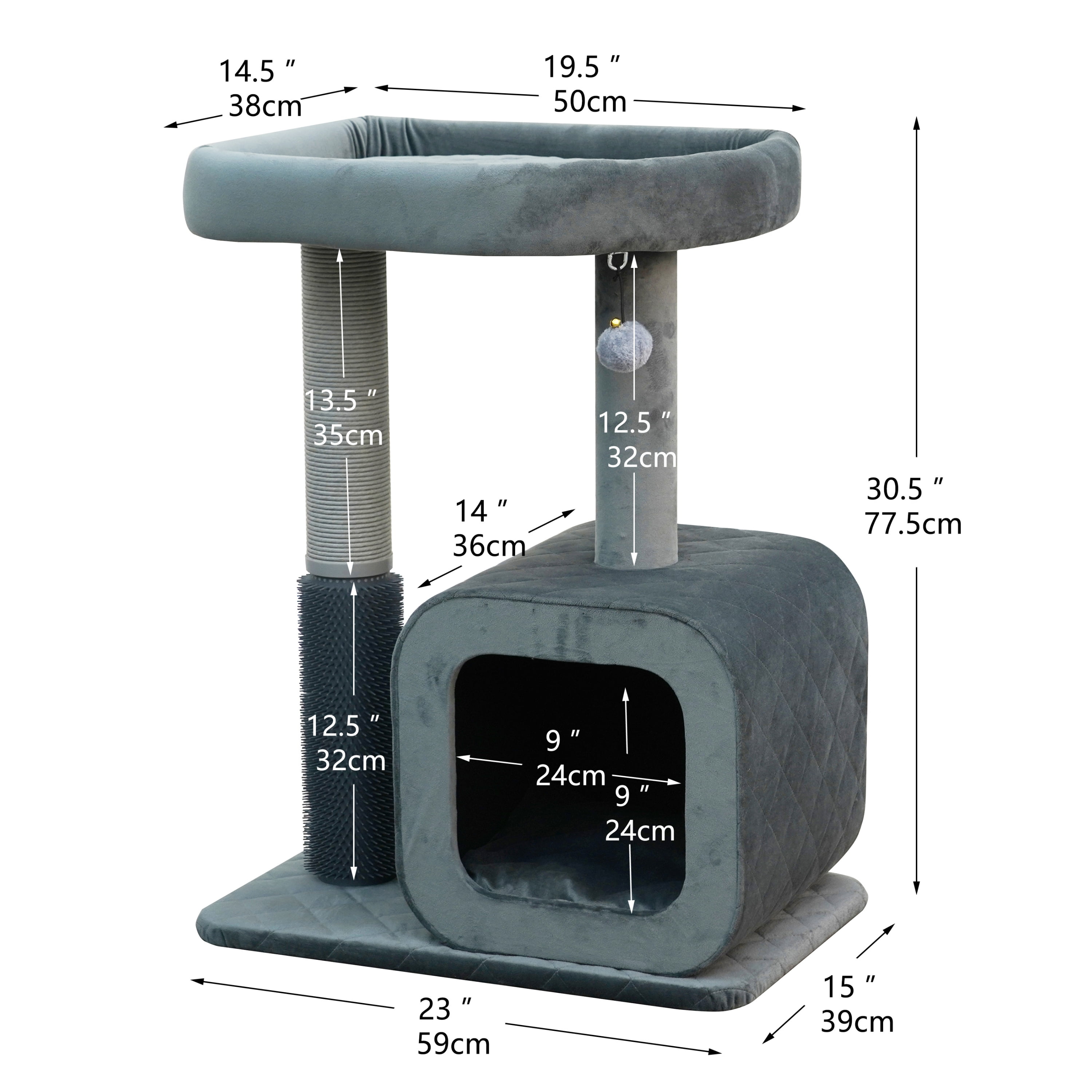 Catry Modern Medium Cat Tree with Large Base Condo, Top Bed, Scratching Post, Self Grooming Brush