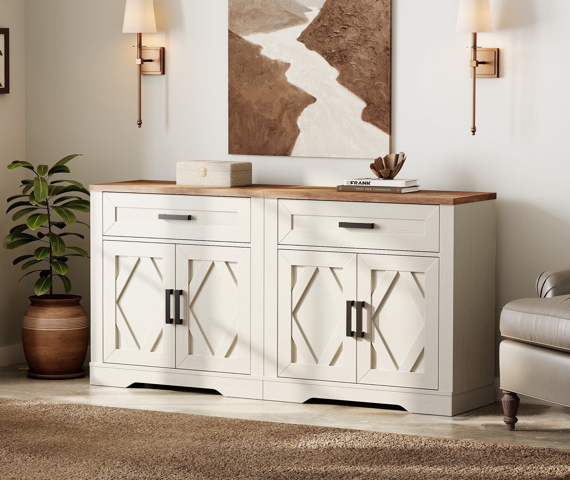 WAMPAT 126"W Large TV Stand,4-in-1 Farmhouse Entertainment Center with Storage Barn Door Cabinet,TV Console Table with Media Cabinet and Drawers for Living Room,Bedroom,Cream White