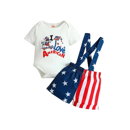 

wybzd 4th of July Baby Boys Summer Outfit Letter Print Short Sleeve Romper with Stars Striped Overall Shorts 2Pcs Set 0-18 Months