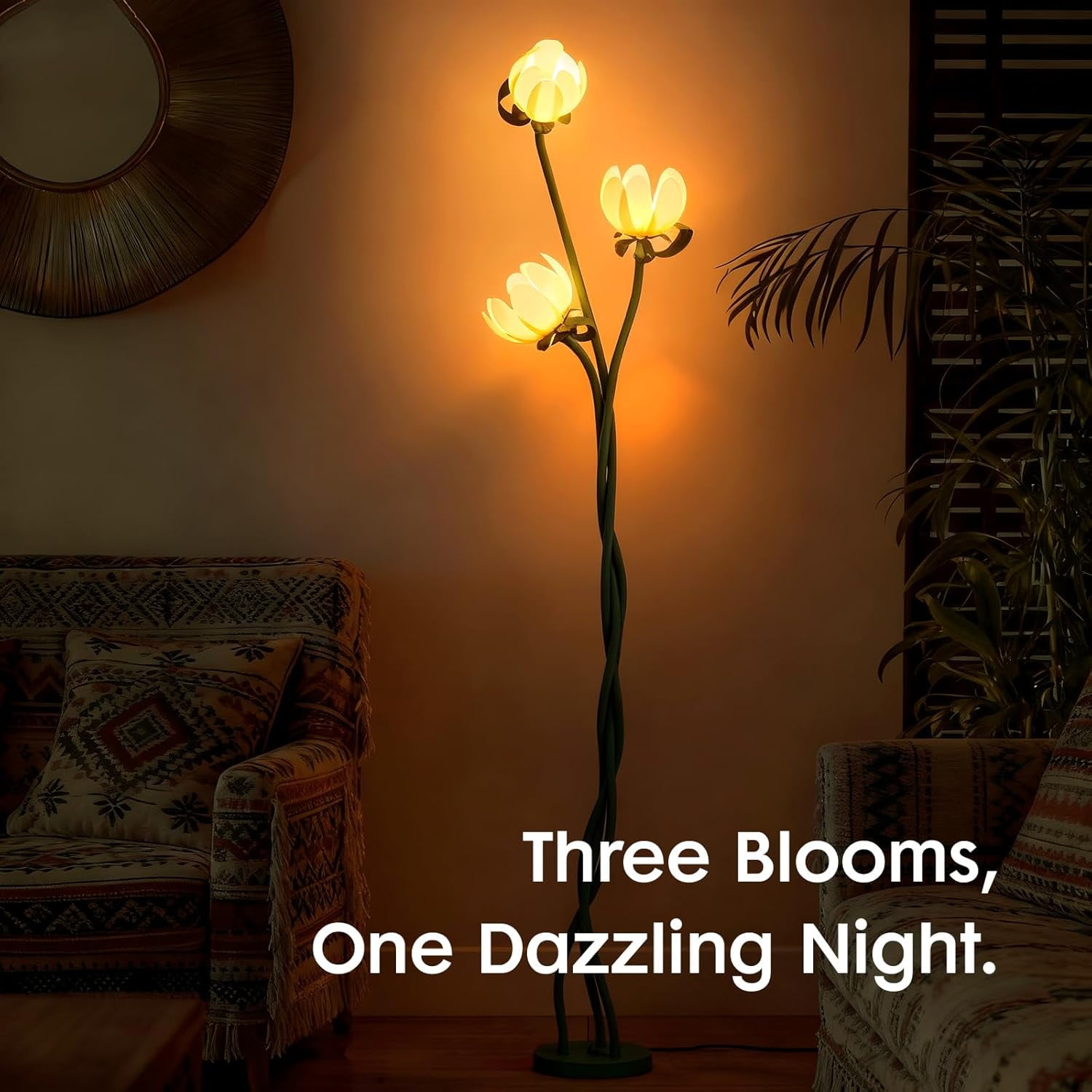 67" Vintage Floral Floor Lamp, 360° Adjustable Lamp Heads, Flexible Gooseneck Stems, Lotus Shades & Foot Switch (LED Bulbs Included)