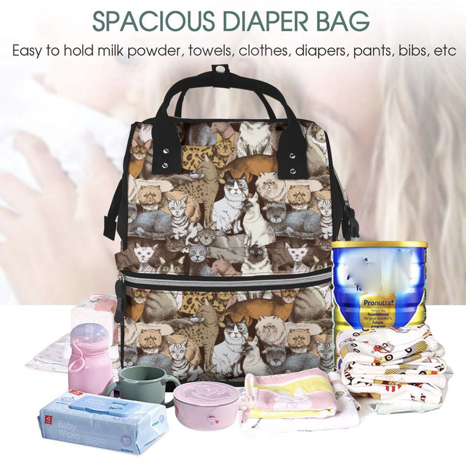 Xecao Cut Cats print Large Capacity Nappy Bag is a multi-functional waterproof travel backpack, perfect as a nursing bag or mummy backpack for women