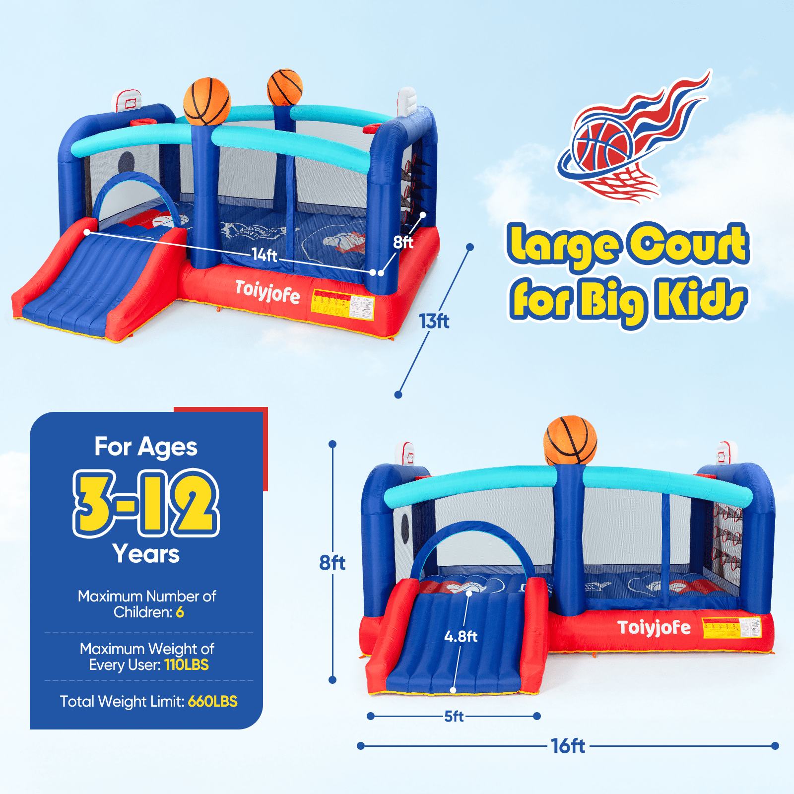 Toiyjofe Large Bounce House for Big Kids 8-12, Basketball Inflatable Bouncer with Slide for Outdoor Party, 16 x 13 FT, GFCI Blower Included