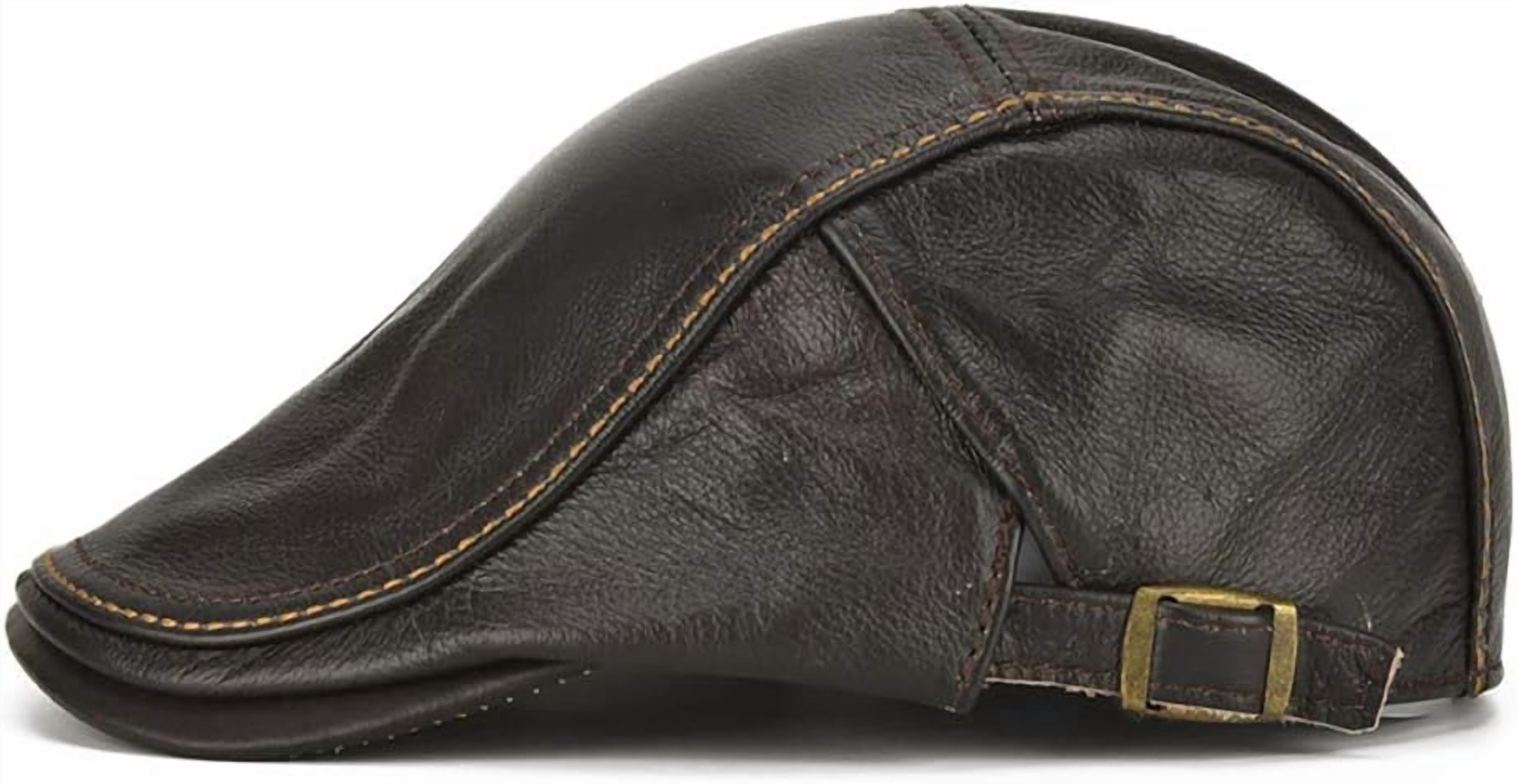 Men's Adjustable Genuine Leather Cowhide Cap Newsboy Hat Cabbie Beret Hat Driving Hunting Fishing Hat