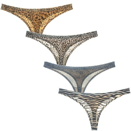 

VOOPET 4Pack Womens Low Rise No Show Thong Pantie Stretchy Leopard Zebra Animal Print Seamless Underwear