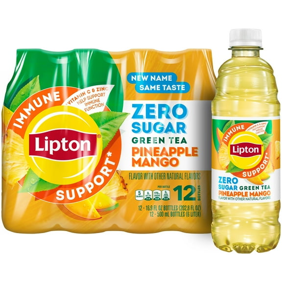 Lipton Immune Support Green Tea Pineapple Mango Zero Sugar Iced Tea, 16.9 fl oz, 9 pack Bottles​
