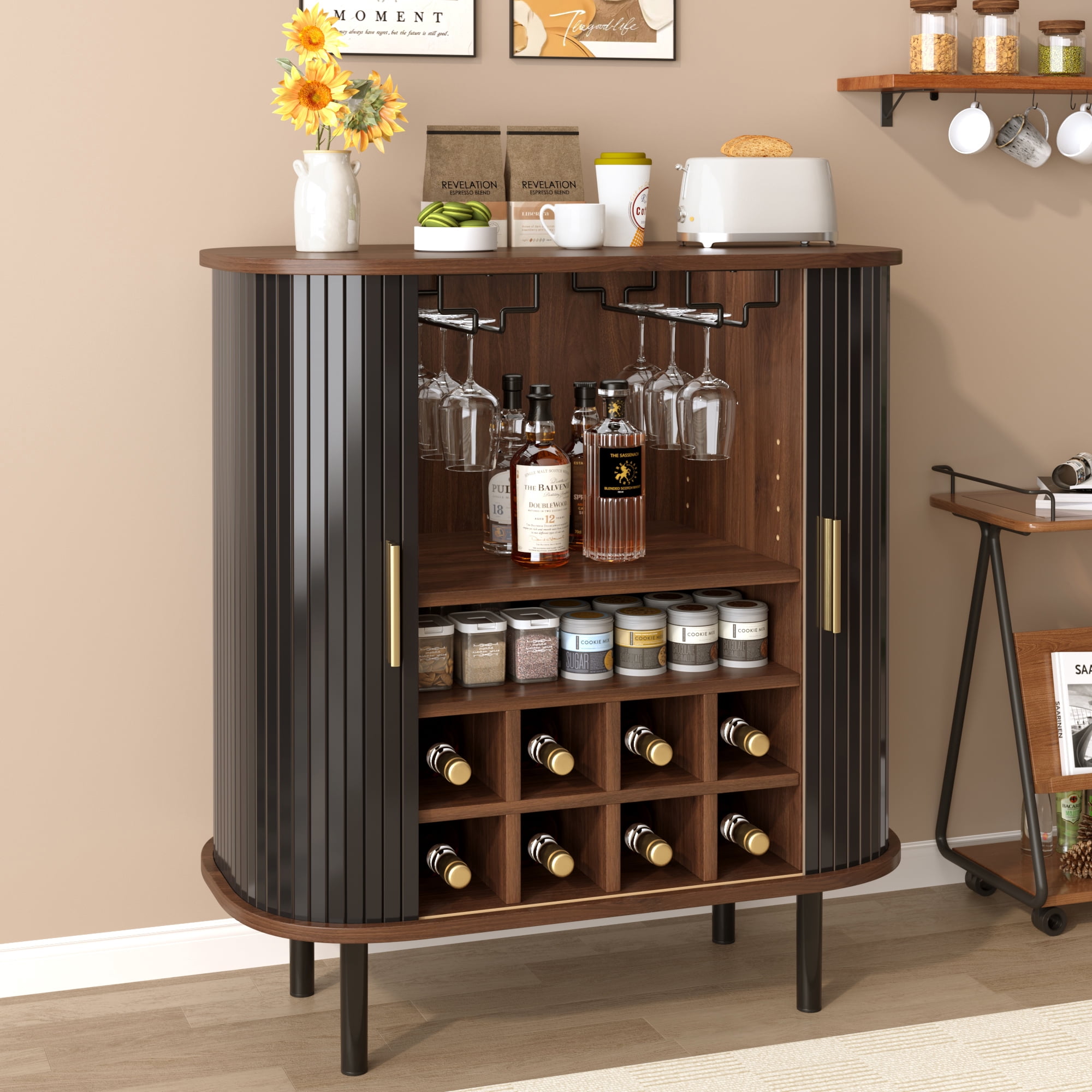 Euroco 28" Wine Bar Cabinet, Standing Liquor Cabinet with 8 Wine Racks,2 Glass Holders,Sliding Doors & Side Hidden Storage Space,Coffee Bar Cabinet with Adjustable Shelves for Kitchen Dining Room