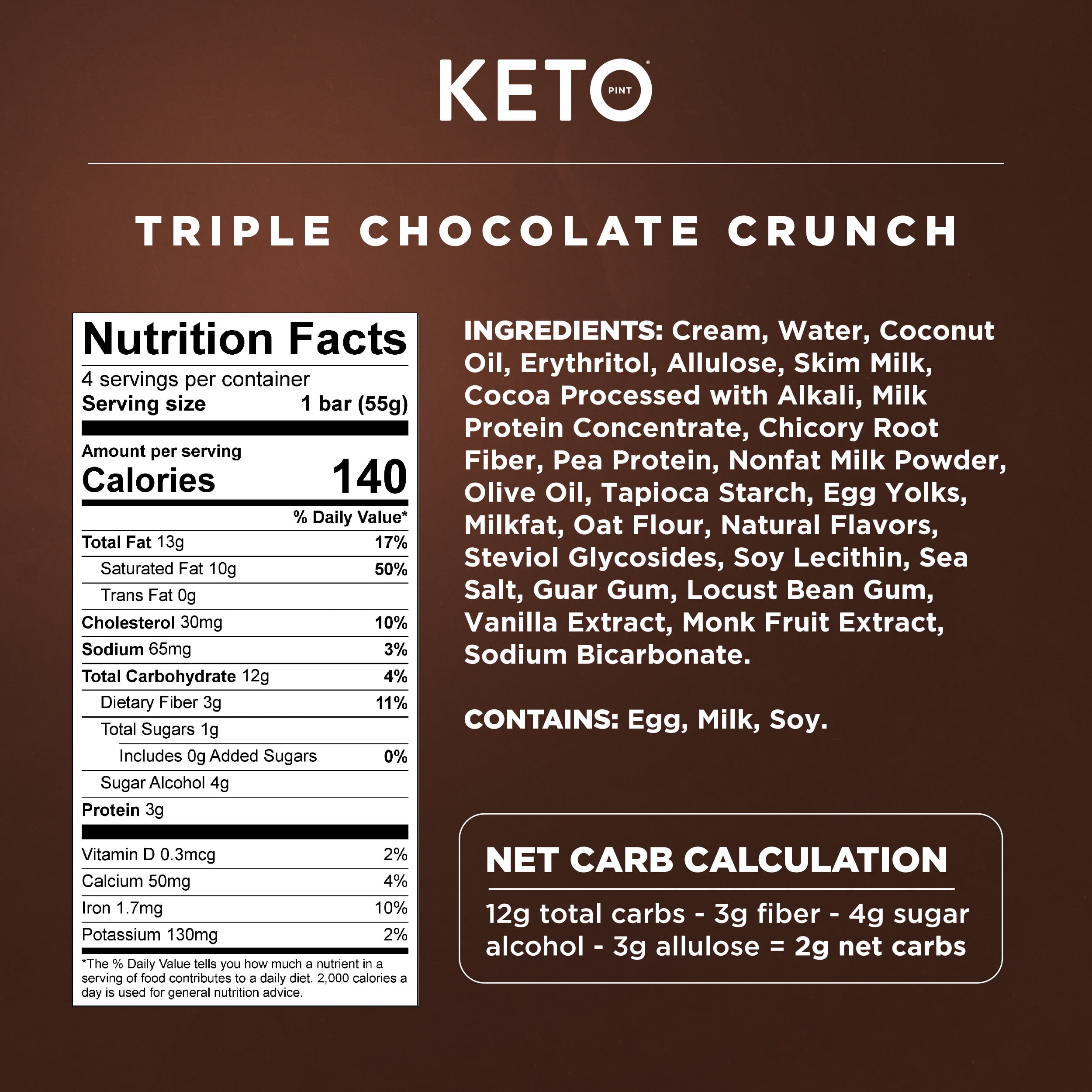 (3 pack) Keto Pint, Zero Sugar Added, Triple Chocolate Crunch Ice Cream Bars, 11 fl oz, 4 Count