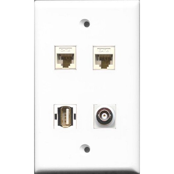 RiteAV 1 Port USB A-A and 1 Port BNC 2 Port Cat6 Ethernet White Wall Plate