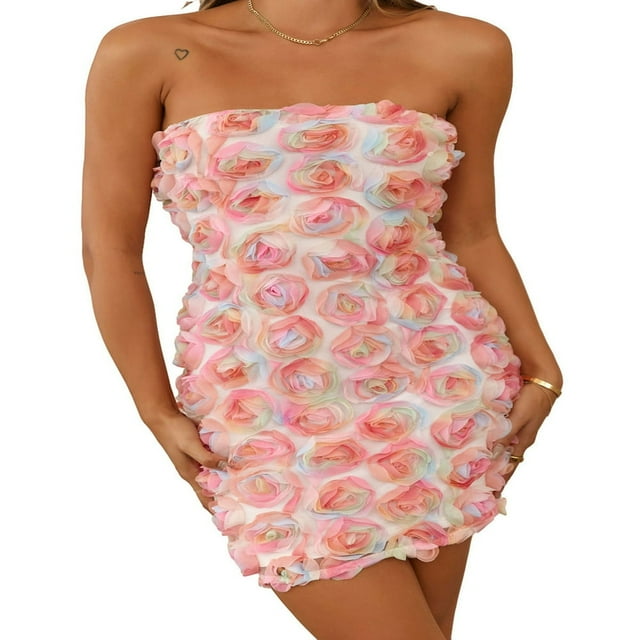 Women Summer Flower Strapless Backless Mini Dress for Party
