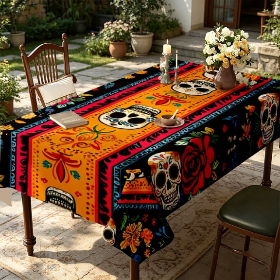 1pc Colorful Day of the Dead Sugar Skull 2D Printed Tablecloth, Indoor Patio Floral Table Cover, Holiday Gift for Halloween Gathering Party Hosts