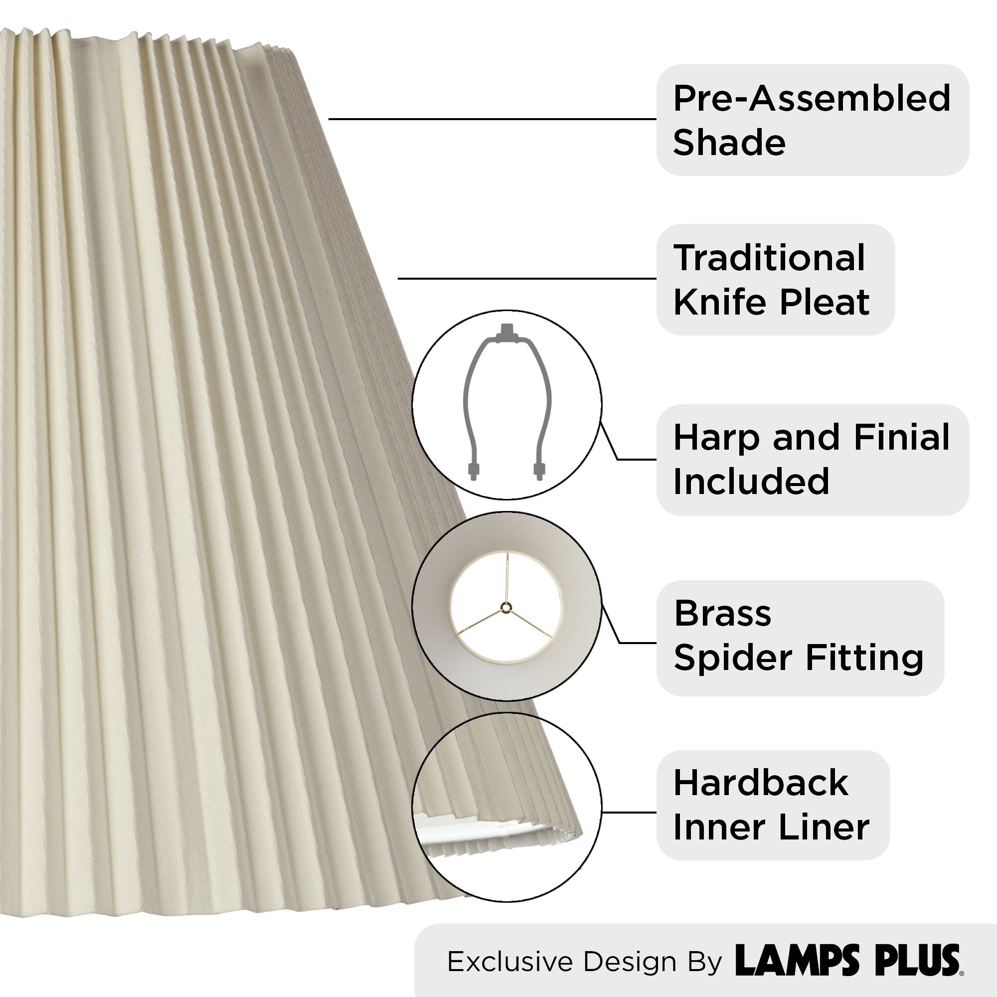 Springcrest Eggshell Pleated Large Empire Lamp Shade 9" Top x 17" Bottom x 11.75" High x 12.25" Slant (Spider) Replacement with Harp and Finial - image 2 of 6