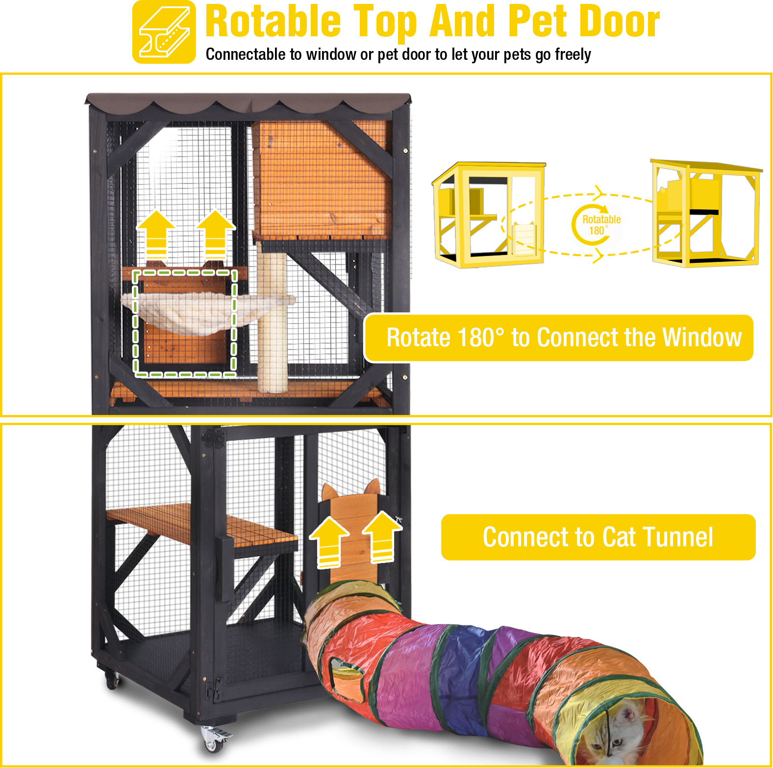 Aivituvin Catio Outdoor Cat Enclosure Mobile Cat House Indoor On Wheels with Scratch Post, Hammock, Resting Box, Platform, Tarp Roof 62.8", Black