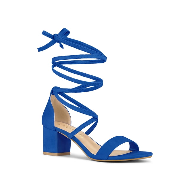 BLISSFUL STEP Sandales pour Femmes à Lacets à Talon Épais à Bout Ouvert à Brides Croisées Bleu Royal 5