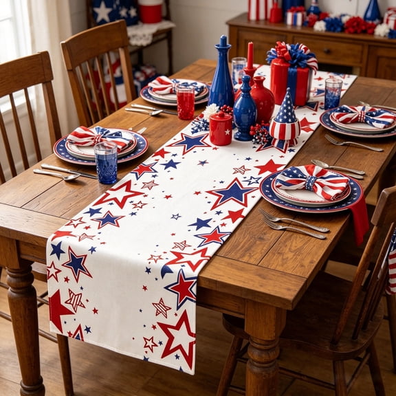 Darzheoy 4th of July Table Runner, Patriotic Red, White, Blue Star Design, Available in 5 Sizes, Wrinkle-Resistant, Holiday Table Decor for Independence Day, Memorial Day, Home, Party