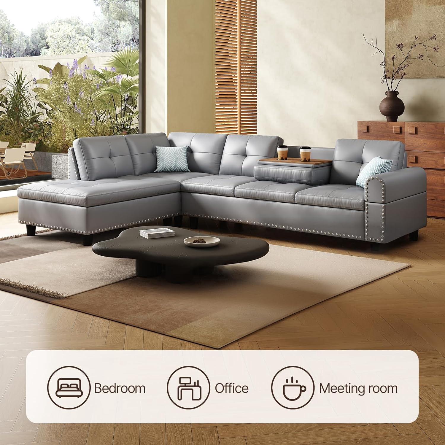 AENKYO 98" L-Shaped Upholstered Sectional Sofa Couch with Storage & Cup Holders, Faux Leather Living Room Sofa Set, Gray