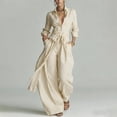 thumbnail image 2 of TEAJOPSUU Women's 2 Pcs Outfits Long Sleeve Button Front Collared Belted Shirts Loose Wide Leg Pants with Pockets Flowy Solid Mathcing Sets Women Clothing Beige, 2 of 8