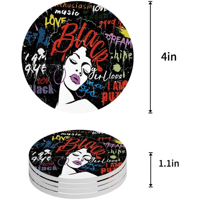 RYLABLUE Graffiti Style Noir Fille Lèvres Ensemble de 6 Coaster Rond pour les Boissons, Absorbant en Céramique Coasters en Pierre Tapis de Tasse avec Base en Liège pour la Maison Cuisine Salle Café Table Bar Décor