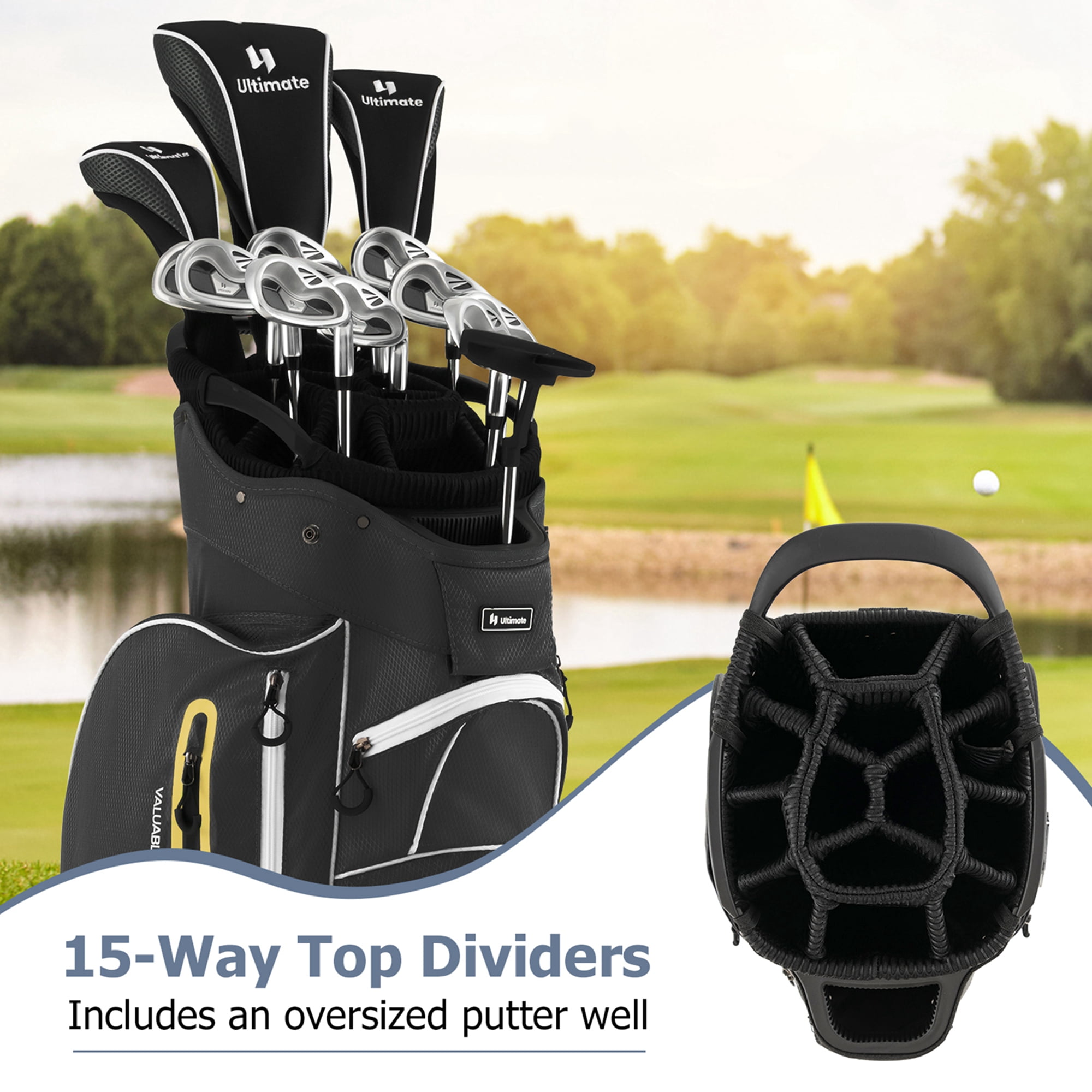 Costway Lightweight Golf Cart Bag with 15 Way Top Divider Individual Putter Well Cooler Bag Black