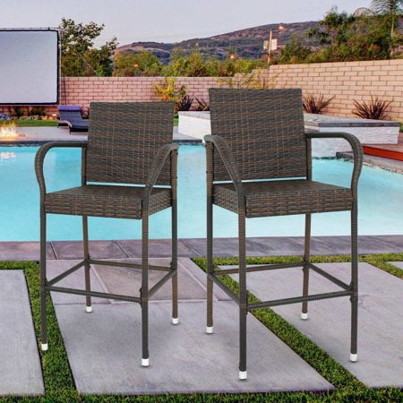 Zeny Wicker Bar Stool Outdoor Backyard Rattan Chair Patio Furniture Chair w/Iron Frame, Armrest and Footrest, Set of 2
