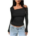 thumbnail image 2 of BUIgtTklOP Women's One Off Shoulder Long Sleeve Top Ruched Going Out Tops Slim Fit Y2K Shirt Crop Top, 2 of 5
