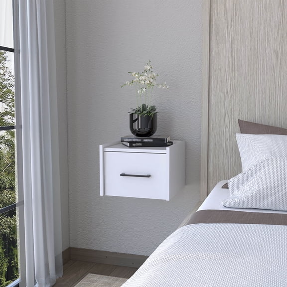 Nightstand, Floating Wall-Mounted Wood Bedside Table with 1 Storage Drawer and Top Shelf, White Finish, 13.8"W x 13.2"D x 9.8"H, Space-Saving Modern Design for Bedroom Placement