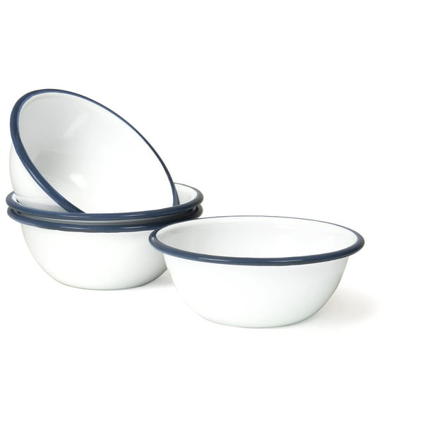 Red Co. Set of 4 Enamelware Metal Classic 20 oz Round Cereal Bowl, Solid  White/Navy Blue Rim 