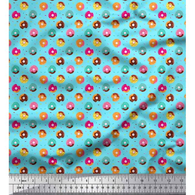 Soimoi Blue Poly Georgette Fabric Donuts Food Printed Fabric 1 Yard 52 Inch Wide