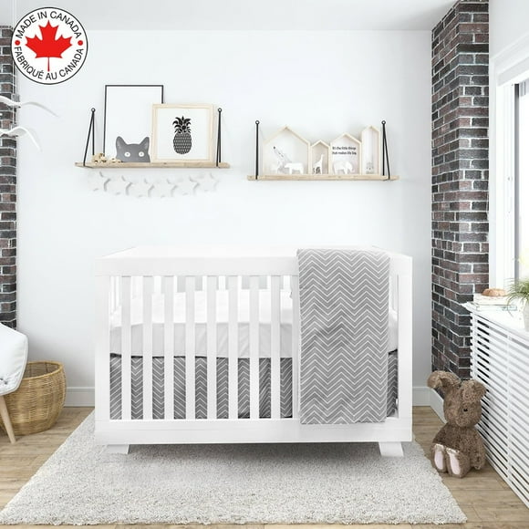 Bebelelo 4 Pieces Nursery Crib Bedding Set Including Skirt, Mattress Cover, Comforter, and Quilt for Kids, Baby Boys and Girls (Gray and White Color with Zig Zag Design)