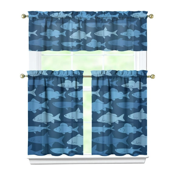Kitchen Curtains 36 Inch Short - 3 Panel Set, Shark Whale Dolphin Ocean Theme, Rod Pocket Window Curtain, 100% Polyester for Nautical Farmhouse Kitchen, Easy Wash