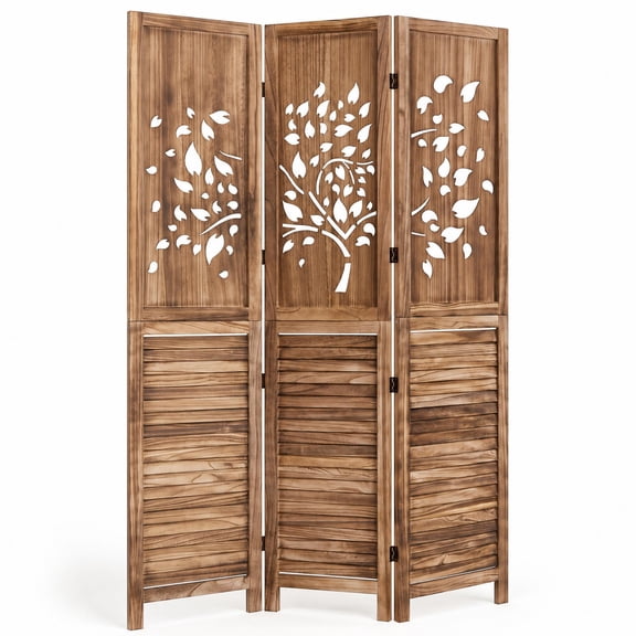 Costway 67” Folding Room Divider, 3 Panel Wooden Privacy Screen with Tree & Leaves Cutout Rustic Brown
