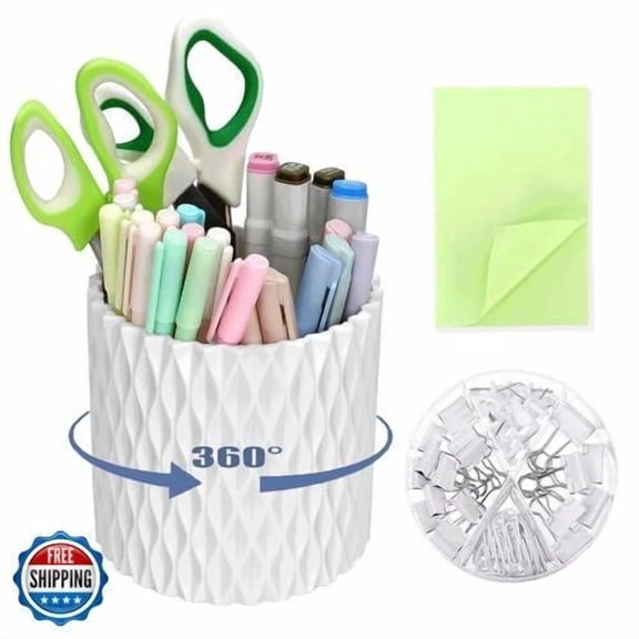 360° Rotating Pen Holder With Sticky Note And Clips Set,Desktop Storage Stati