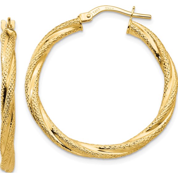 14K Yellow Gold Twisted Textured Hoop Earrings (31 X 32) Made In Italy th695