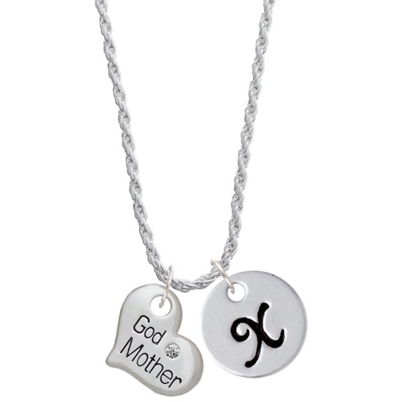 Delight Jewelry Silvertone Large ''Godmother'' Heart with Clear Crystal Silvertone Script Initial Disc - X - Charm Necklace, 20" 3"
