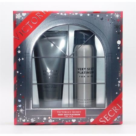 Victoria's Secret Very Sexy PLATINUM for Him 2 Pc Set: All Over Deo Spray 2.5 Oz & 2 in 1 Hair and Body Wash 3.4