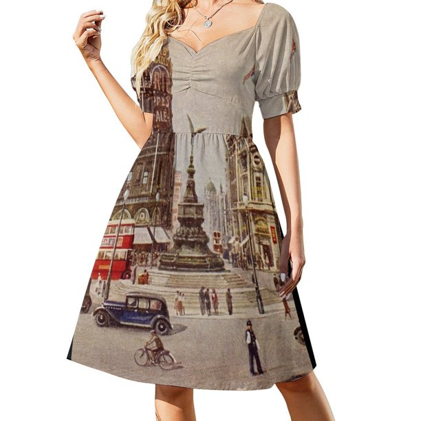 Vintage Piccadilly Circus London vestido de manga corta vestidos de fiesta para mujer vestido de fiesta 2025