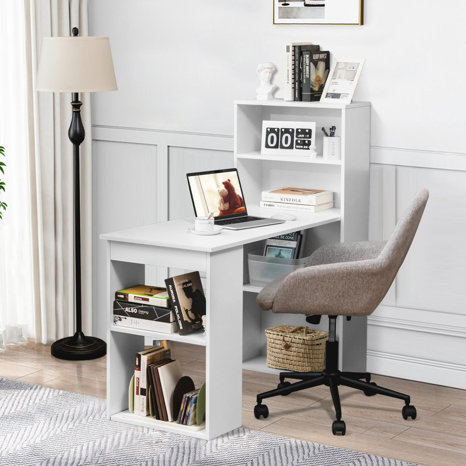 Giantex Computer Desk w/Bookcase, 48” Modern Compact Writing Desk, Reversible Study Workstation for Home, Office & Dorm, Easy Assembly, White