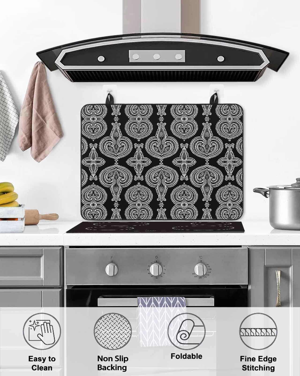 nqOlkjepod Large Induction Cooktop Protector Mat 24"x21", Black Geometric Stove Top Covers for Electric Stove, Paisley Modern Abstract Flower Stove Burner Cover Mats, Glass Top Stove Cover