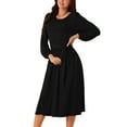 thumbnail image 4 of Vestido midi casual de manga larga con cuello redondo y cintura atada para mujer INSPIRE CHIC con bolsillos M negro, 4 of 5