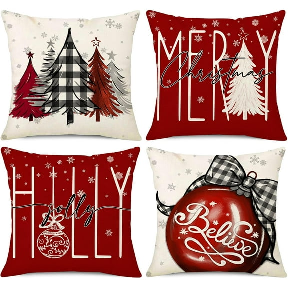 Christmas Pillow Covers 20x20 Set of 4 Red Christmas Decorations Xmas Tree Believe Ornaments Throw Pillow Covers Holly Jolly Winter Holiday Cushion Case for Sofa Couch