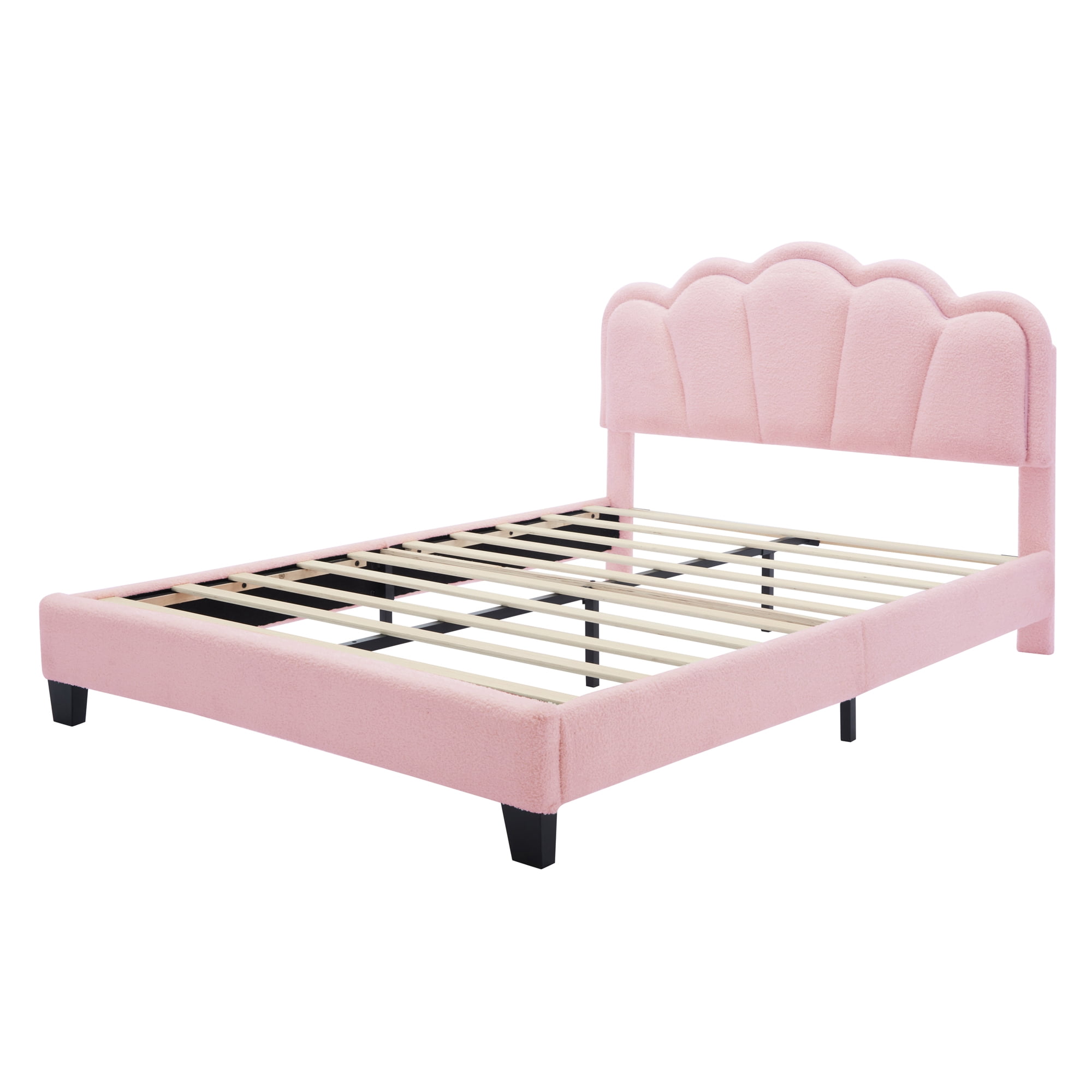 Euroco Upholstery Full Size Platform Bed with Flower-Shaped Headboard and LED Light for Kids Bedroom