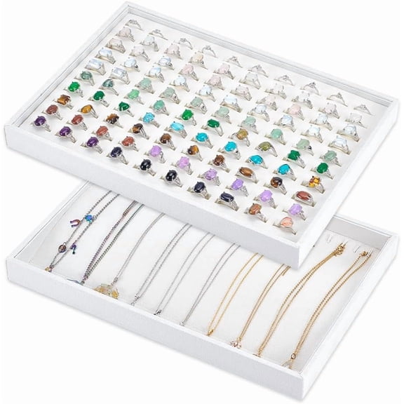 PH 2pcs Jewellery Trays 9.5x13.6 Inch Jewelley Holder for Rings Necklaces Bracelets Display Stackable Velvet Jewellery Organizer for Home Drawer Wardrobe Retail Store Selling White