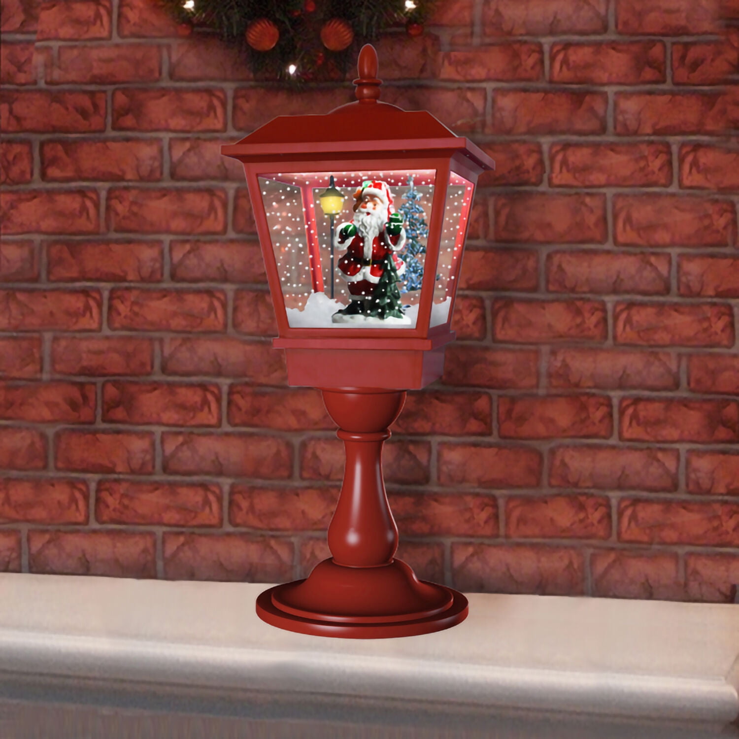 Christmas Time 25-In. Tabletop Musical Snowy Lantern | Santa Scene, Cascading Snow, and Christmas Carols | Red | CT-STL025SQA-RD