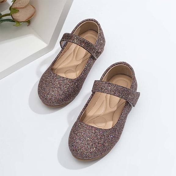 Girls Glitter Mary Jane Flats, Sparkly Hook and Loop Dress Shoes, Round Toe Cushioned Low Top Footwear for School Parties